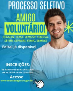 Prefeitura de Monte Negro abre seleção para voluntários com 47 vagas em diversas áreas