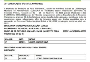 Prefeitura de Nova Mamoré divulga 25ª convocação do concurso público