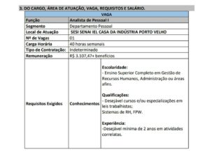 SESI abre seleção para Analista de Pessoal I em Porto Velho (RO)