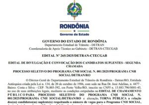 Detran-RO convoca suplentes do Programa CNH Social 2025 em RO