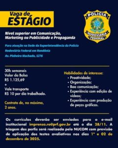 PRF disponibiliza vaga de estágio na capital de Rondônia