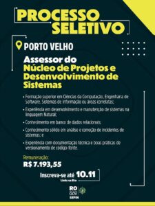 SEFIN abre processo seletivo para Assessor de TI em Porto Velho com salário de R$ 7.193,55