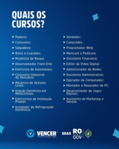 Governo de Rondônia abre cadastro para cursos gratuitos do Programa Vencer