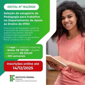 IFRO abre vagas de estágio para estudantes de Pedagogia em Porto Velho