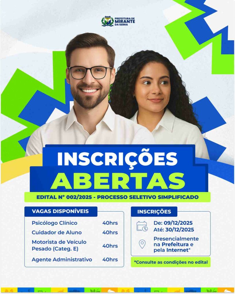 Seleção pública em Mirante da Serra tem vagas para níveis fundamental, médio e superior Seleção pública em Mirante da Serra tem vagas para níveis fundamental, médio e superior