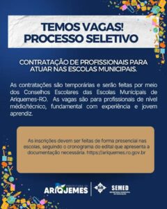 Processo seletivo em Ariquemes oferece vagas dos níveis médio técnico e fundamental