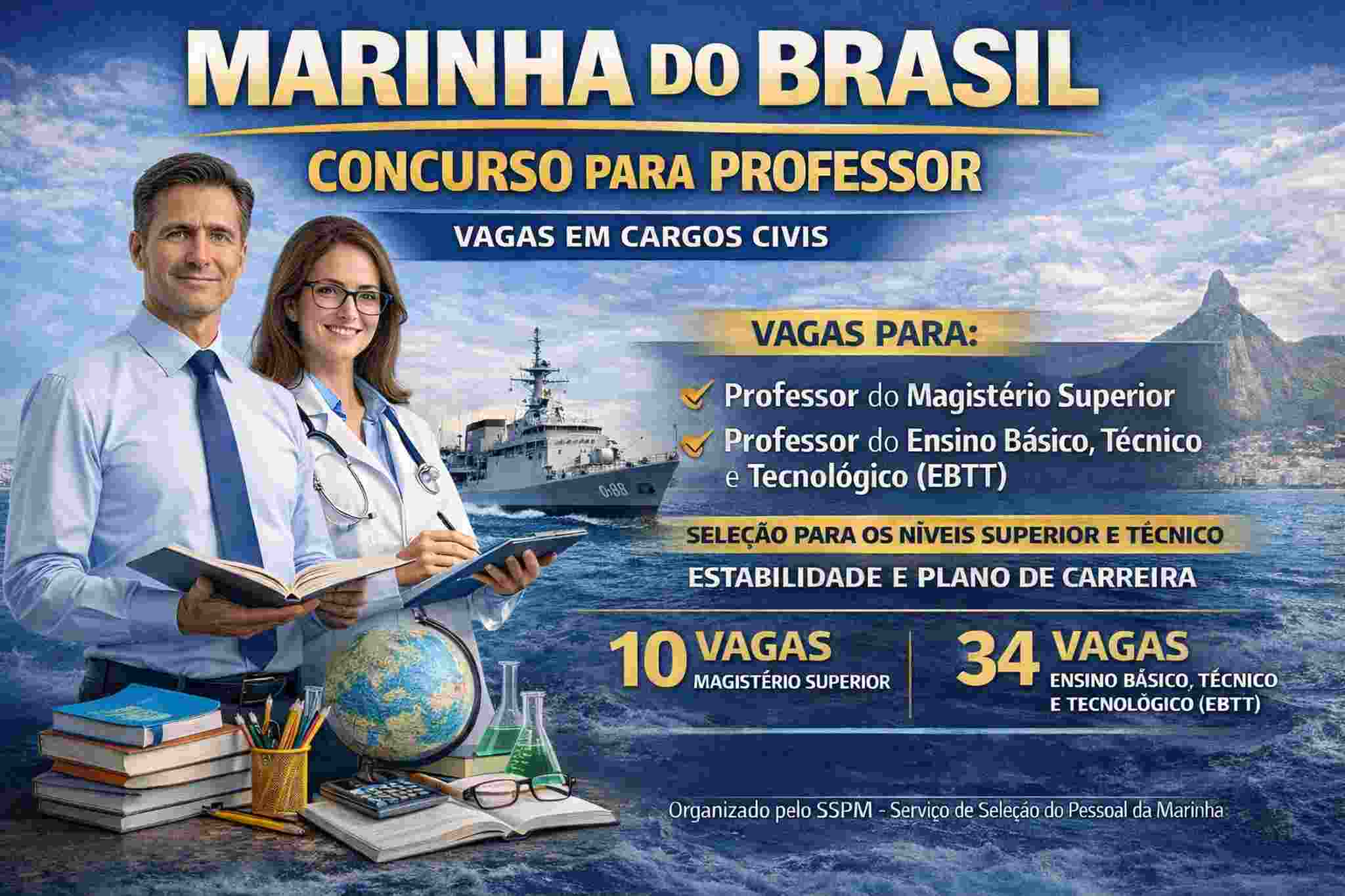 Concurso Marinha oferta 44 vagas para professor com salários de até R$ 4.867,43