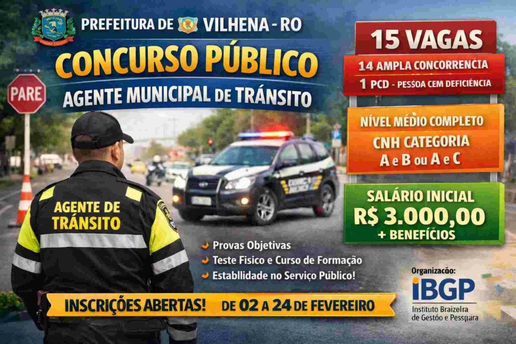 Concurso em Vilhena (RO) oferece 15 vagas de nível médio com salário de R$ 3 mil