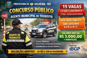 Concurso em Vilhena (RO) oferece 15 vagas de nível médio com salário de R$ 3 mil