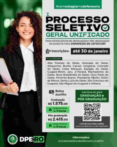 Estágio na DPE-RO oferece bolsa de R$ 2.415, para pós-graduação