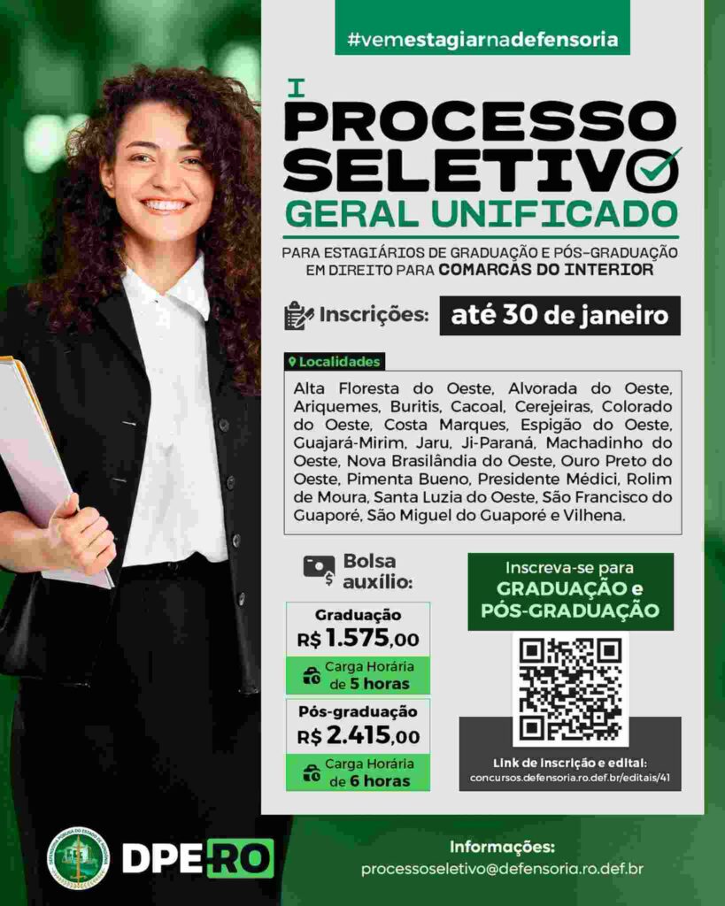 Estágio na DPE-RO oferece bolsa de R$ 2.415, para pós-graduação Estágio na DPE-RO oferece bolsa de R$ 2.415, para pós-graduação