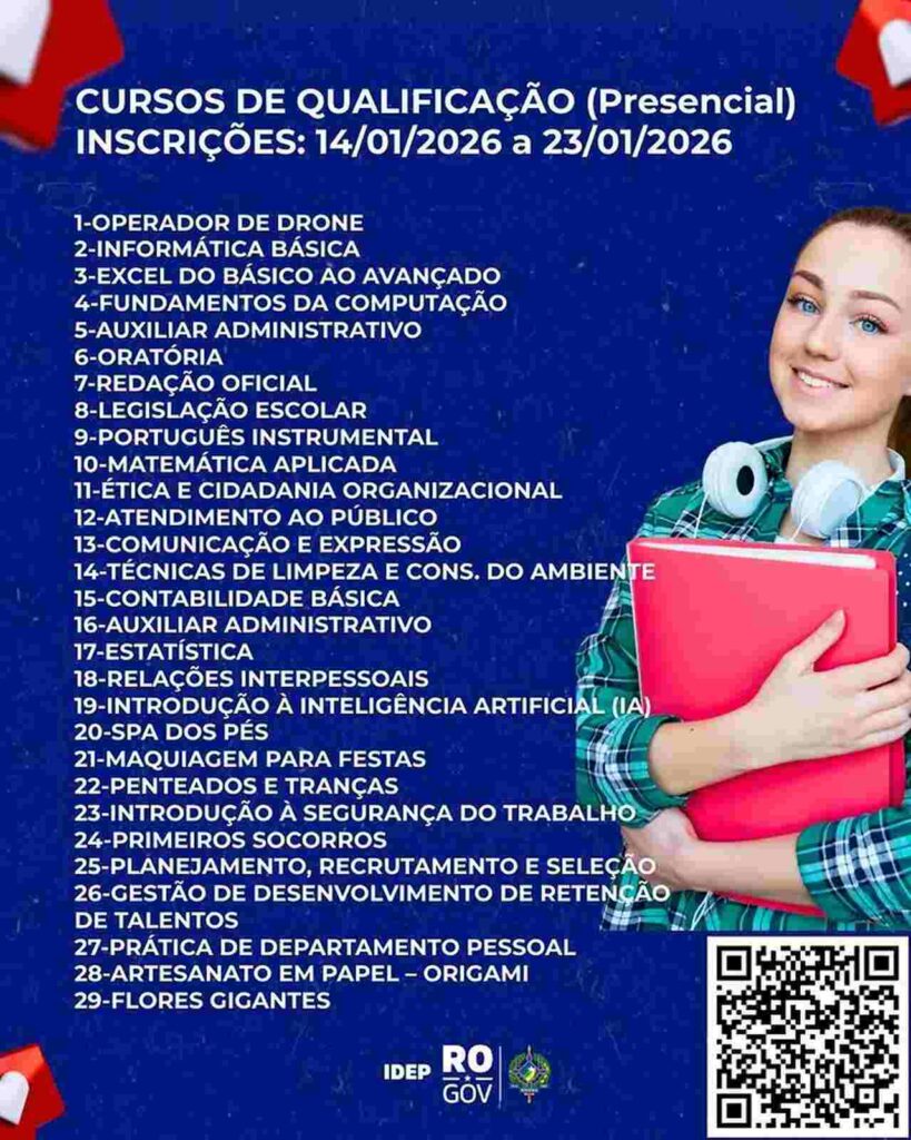 IDEP abre inscrições para cursos gratuitos de qualificação profissional em Porto Velho; veja como participar
