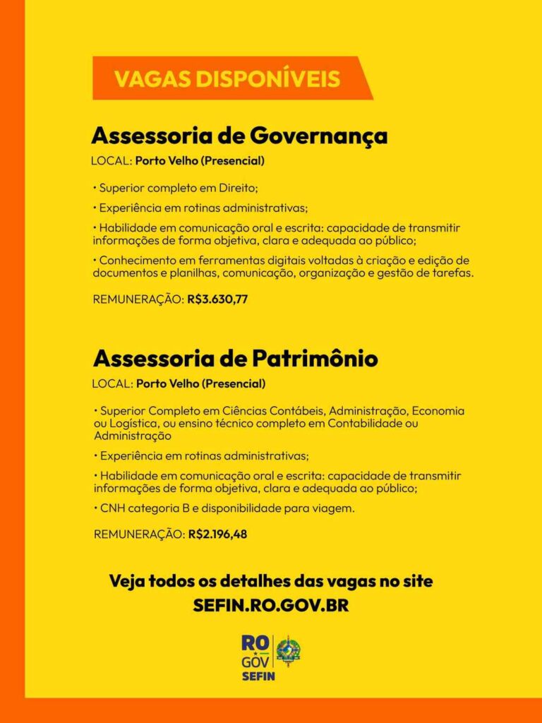 Sefin de Rondônia abre processo seletivo com salários de até R$ 3,6 mil em Porto Velho Sefin de Rondônia abre processo seletivo com salários de até R$ 3,6 mil em Porto Velho