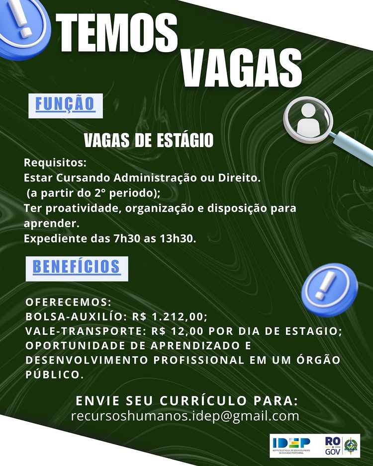 IDEP abre vagas de estágio para estudantes de Administração e Direito em Rondônia