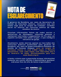 Governo de Rondônia alerta sobre golpes em inscrições para cargos da educação