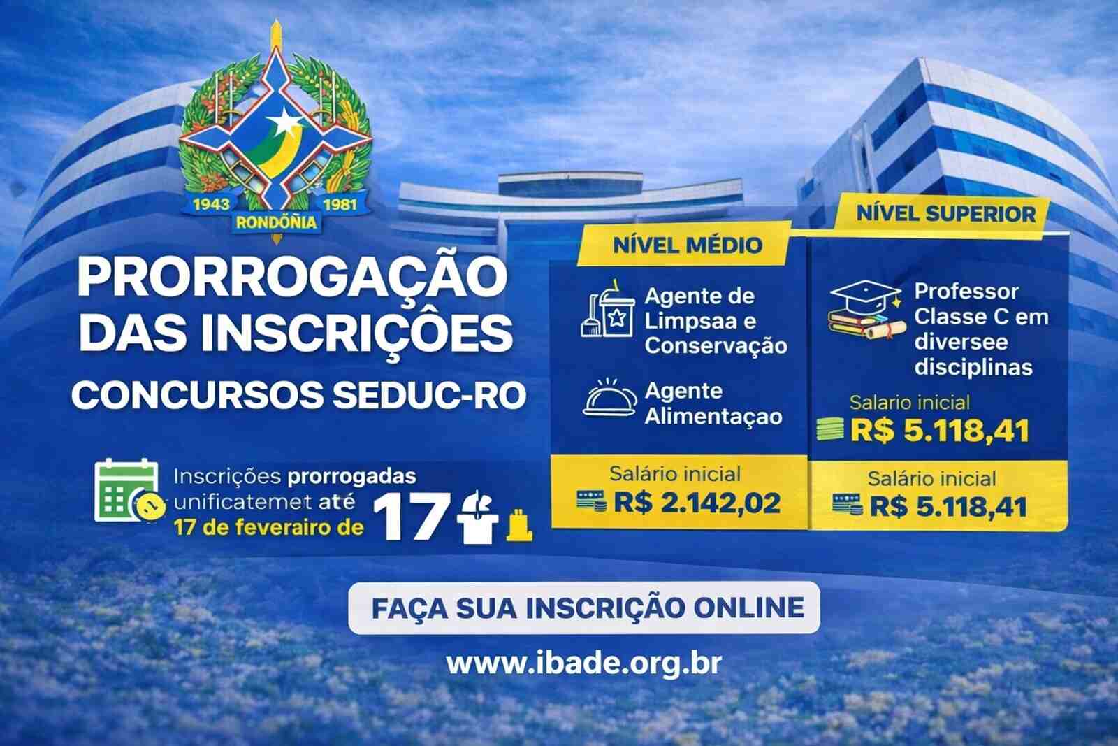 SEDUC prorroga prazo de inscrições para concurso de níveis médio e superior em RO