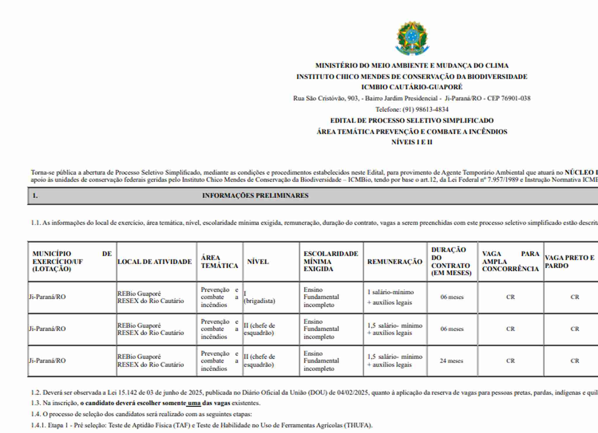 Processo Seletivo ICMBio para Agentes Temporários Ambientais em Rondônia