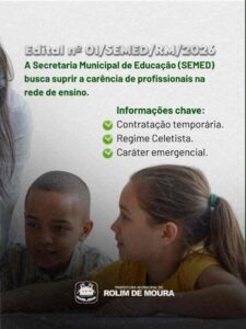 Prefeitura de Rolim de Moura – RO abre 50 vagas para nível médio na educação