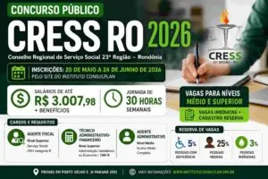 Concurso CRESS RO 2026: Vagas de níveis médio e superior com salários até R$ 3 mil