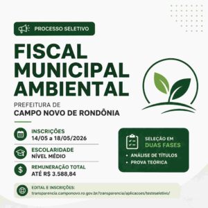 Vaga de Fiscal Ambiental paga até R$ 3,5 mil em Campo Novo de Rondônia