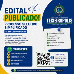 Prefeitura de Teixeirópolis abre seleção com 4 vagas e salário de até R$ 9,7 mil