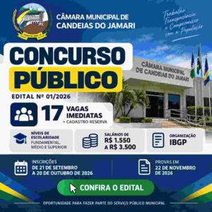 Câmara de Candeias do Jamari – RO lança concurso com 17 vagas e salários de R$ 3,5 mil