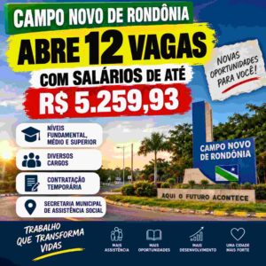 Prefeitura de Campo Novo de Rondônia abre seletivo com 12 vagas e salários de até R$ 5,2 mil