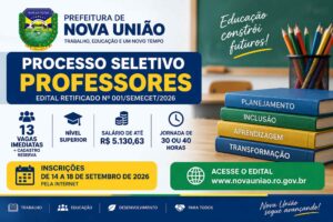 Prefeitura de Nova União seleciona professores com salário de até R$ 5.130,63